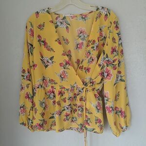 Cedar & Gold Yellow Floral Wrap Top Long Sleeve Boho Festival Cottagecore Med